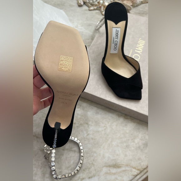 Jimmy Choo Saeda Sandal 100, Black Suede Sandals with Crystal Embellishment - Picture 5 of 5